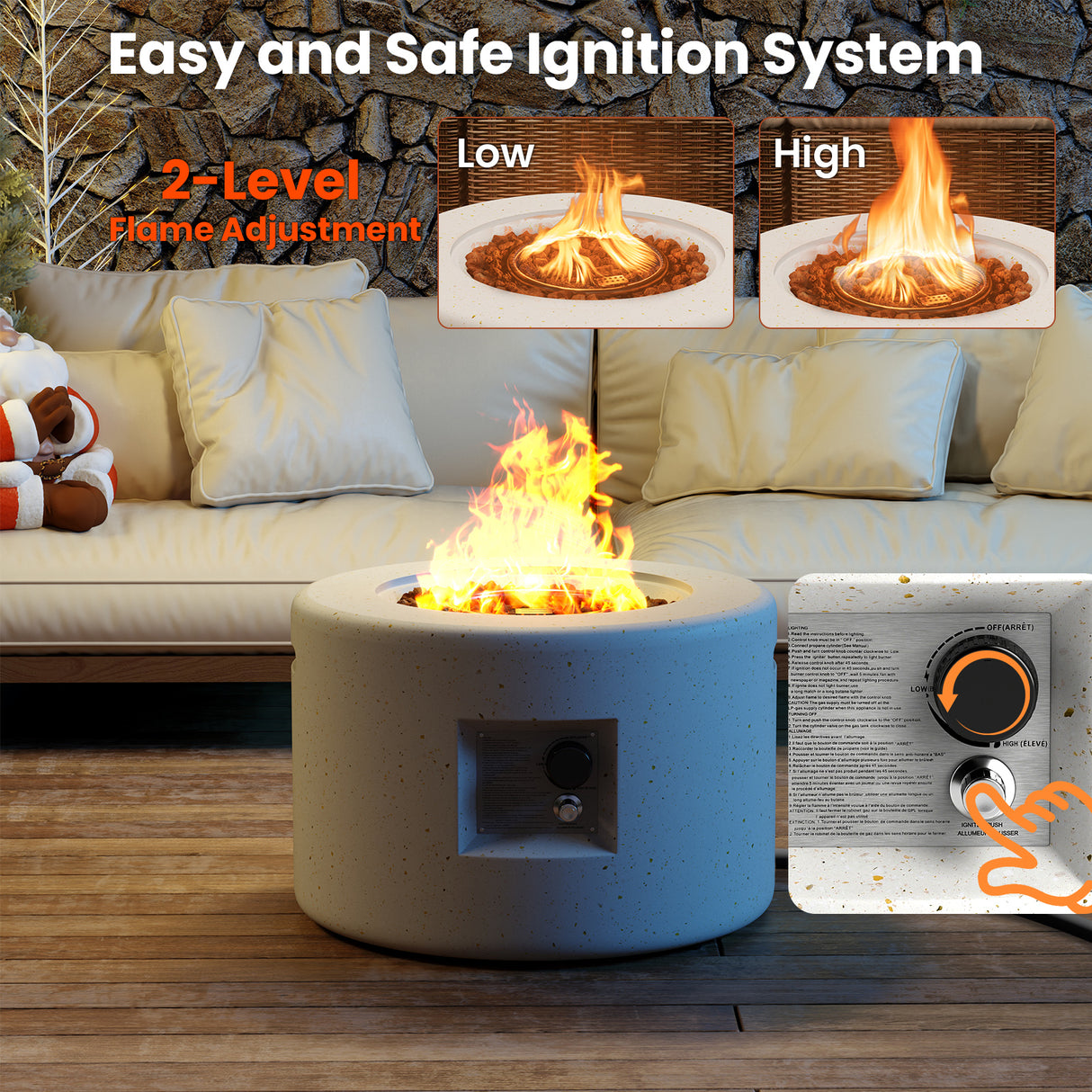 Round Terrazzo Propane Gas Fire Pit Protective PVC Cover  Lava Rocks Included