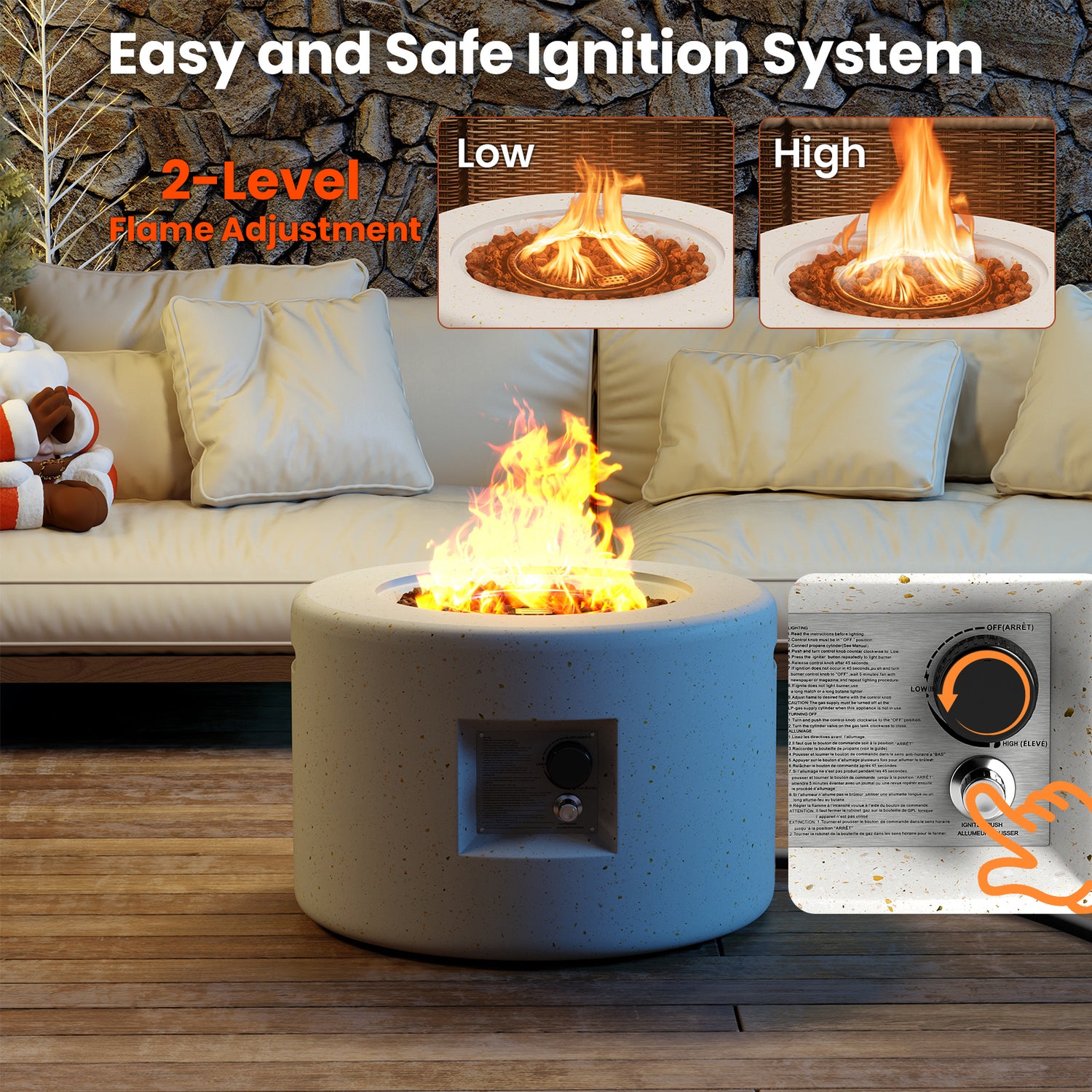 Round Terrazzo Propane Gas Fire Pit Protective PVC Cover  Lava Rocks Included