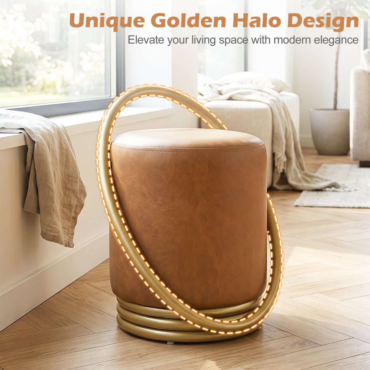 Round Vanity Stool Faux Leather Makeup Chair with Gold Halo Design-Yellow