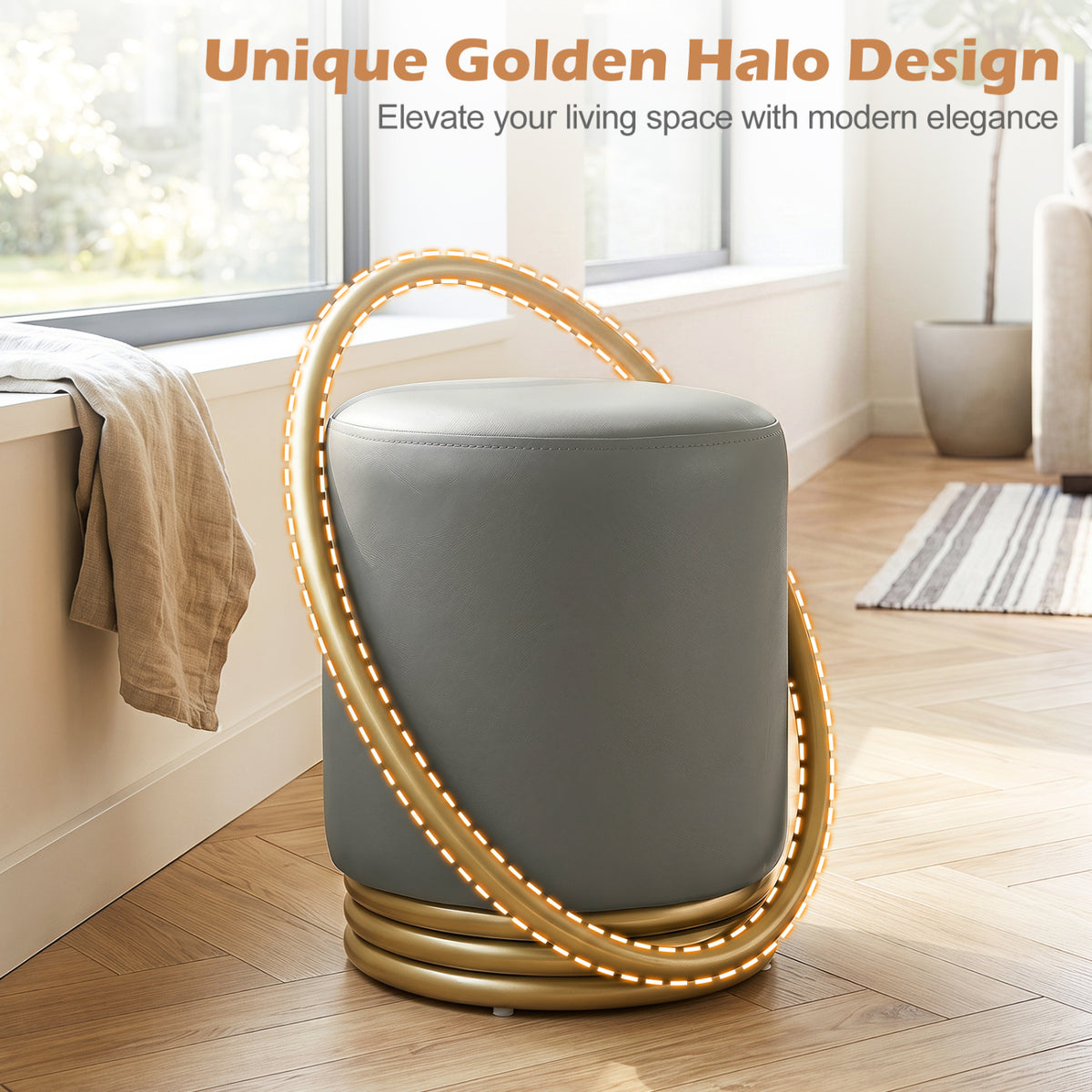 Round Vanity Stool Faux Leather Makeup Chair with Gold Halo Design-Grey