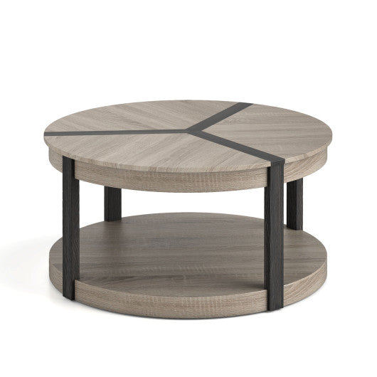 34.5" Rubber Wood 2-Tier Round Center Table with Spacious Tabletop and Storage Shelf-Gray