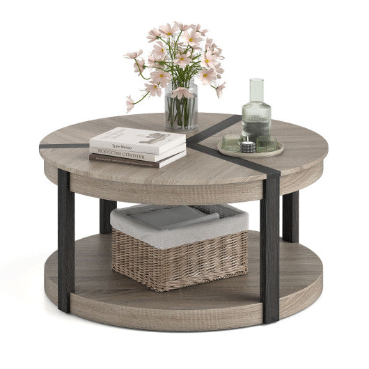 34.5" Rubber Wood 2-Tier Round Center Table with Spacious Tabletop and Storage Shelf-Gray