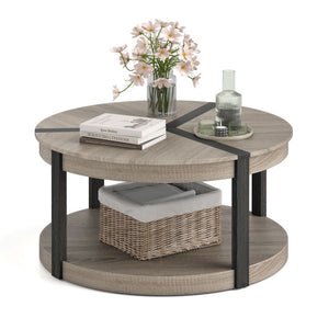 34.5" Rubber Wood 2-Tier Round Center Table with Spacious Tabletop and Storage Shelf-Gray