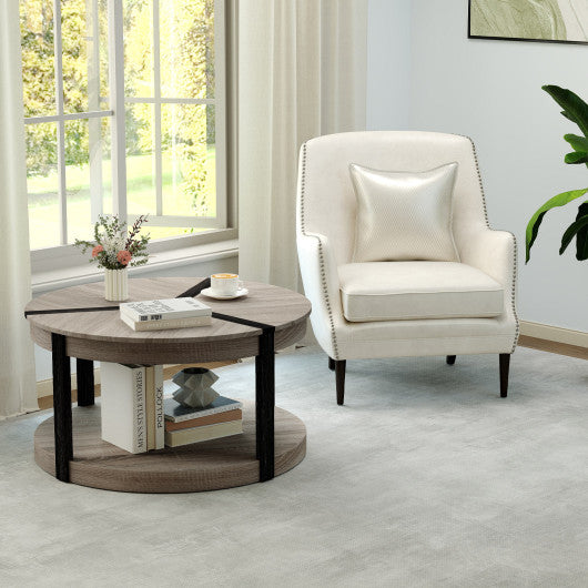 34.5" Rubber Wood 2-Tier Round Center Table with Spacious Tabletop and Storage Shelf-Gray