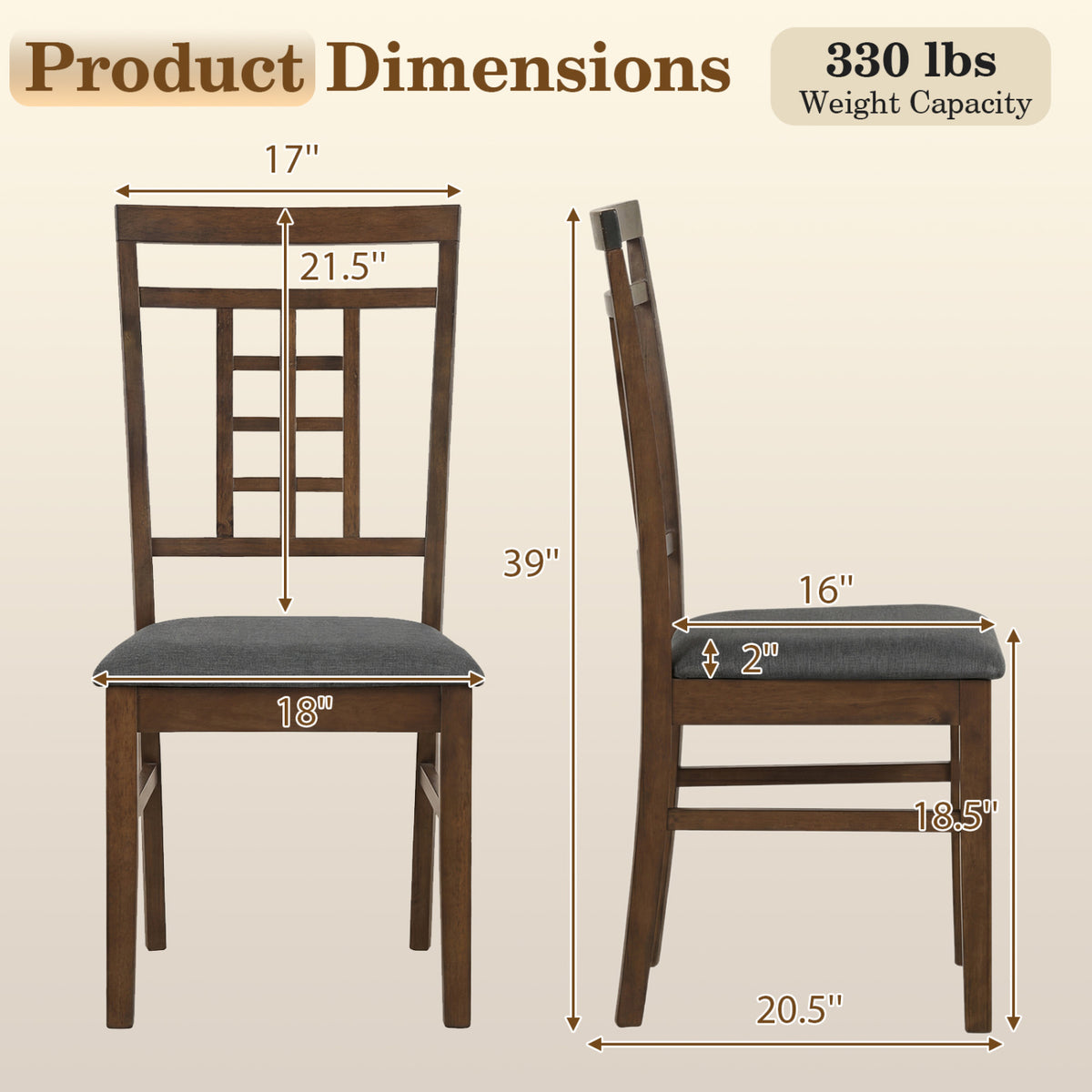 Rubber Wood Dining Chairs Set of 4 with Lattice Back-Brown