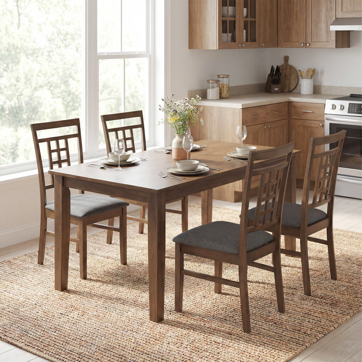 Rubber Wood Dining Chairs Set of 4 with Lattice Back-Brown