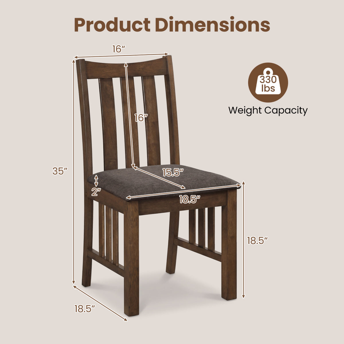 Rubber Wood Dining Chairs Side Chairs Set of 4 with Slat Back-Brown