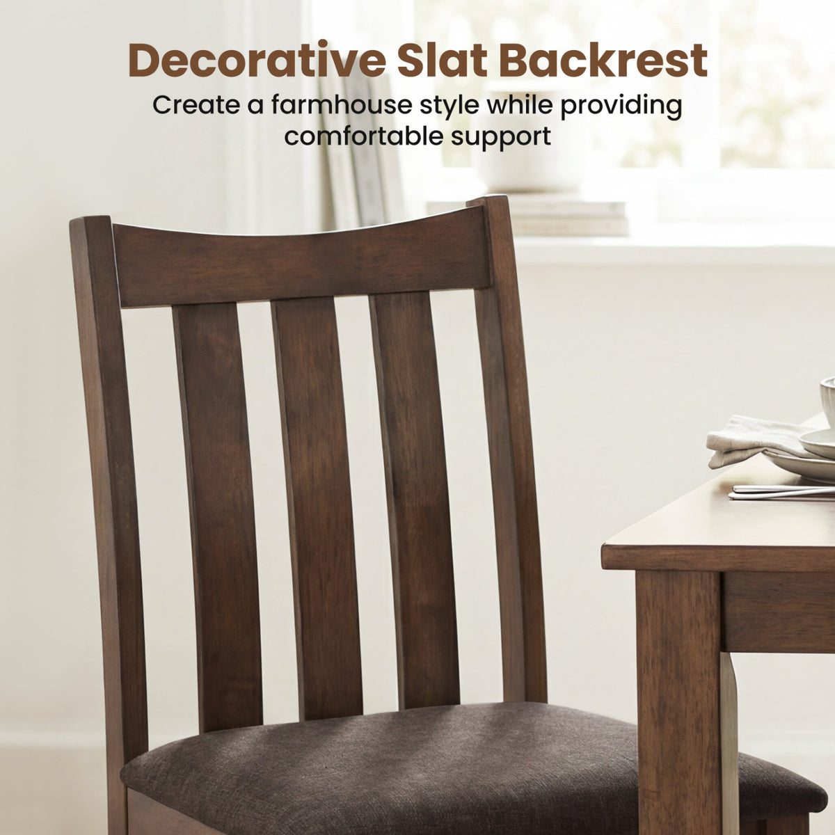 Rubber Wood Dining Chairs Side Chairs Set of 4 with Slat Back-Brown