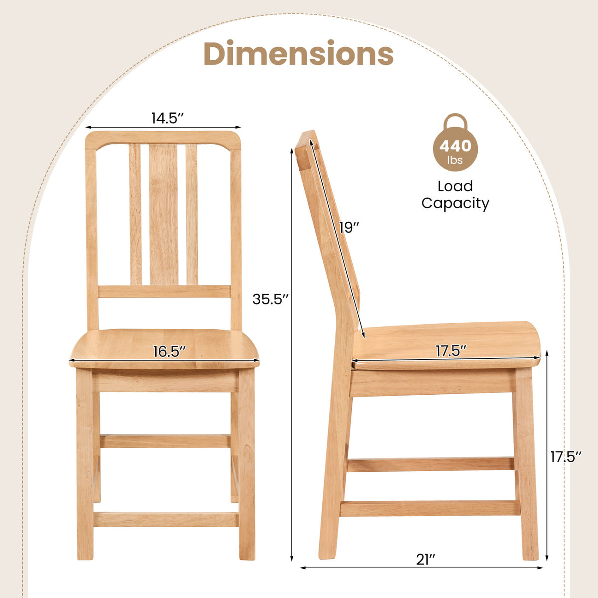 Rubber Wood Dining Chairs Set of 2 with Hollowed Backrest-Natural