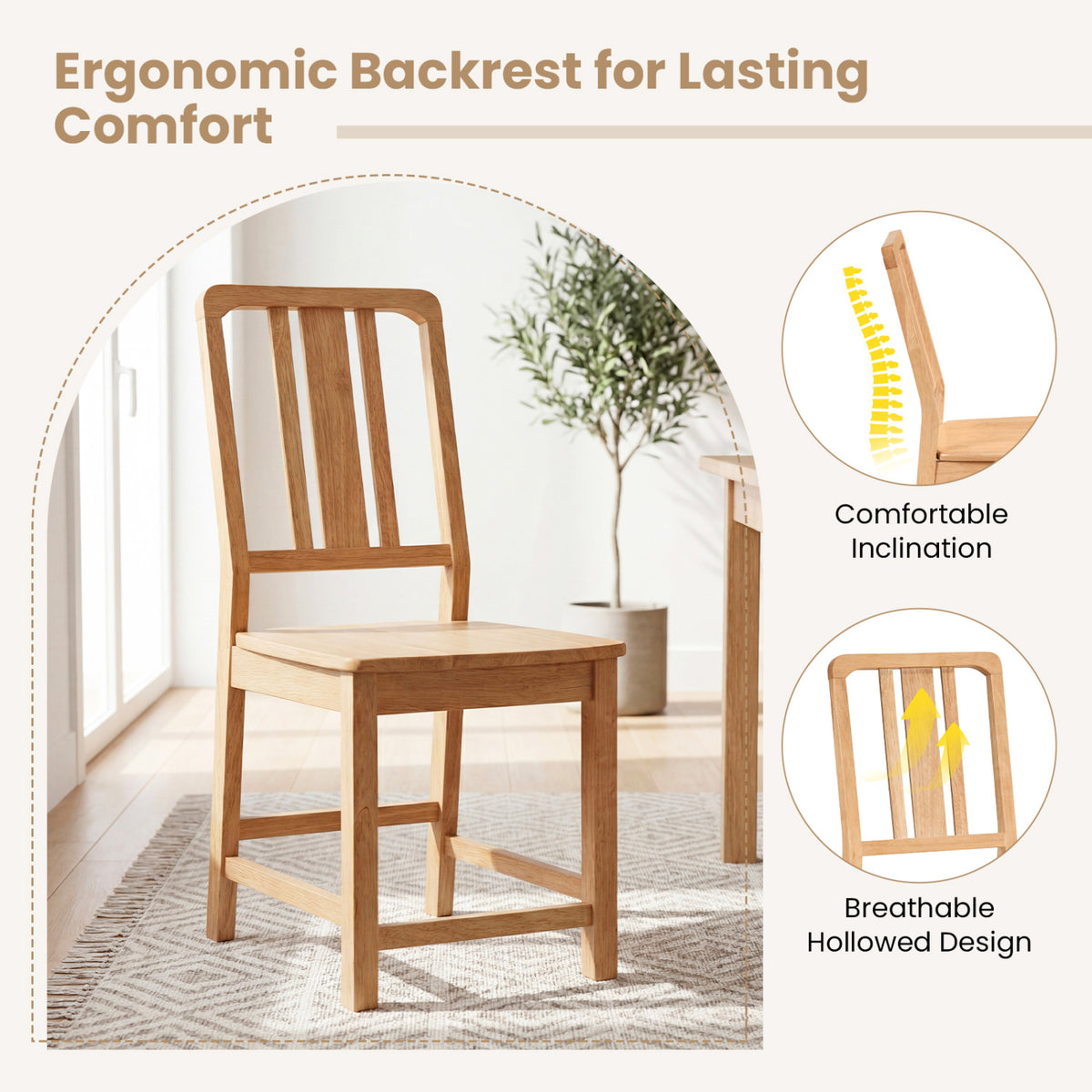 Rubber Wood Dining Chairs Set of 2 with Hollowed Backrest-Natural