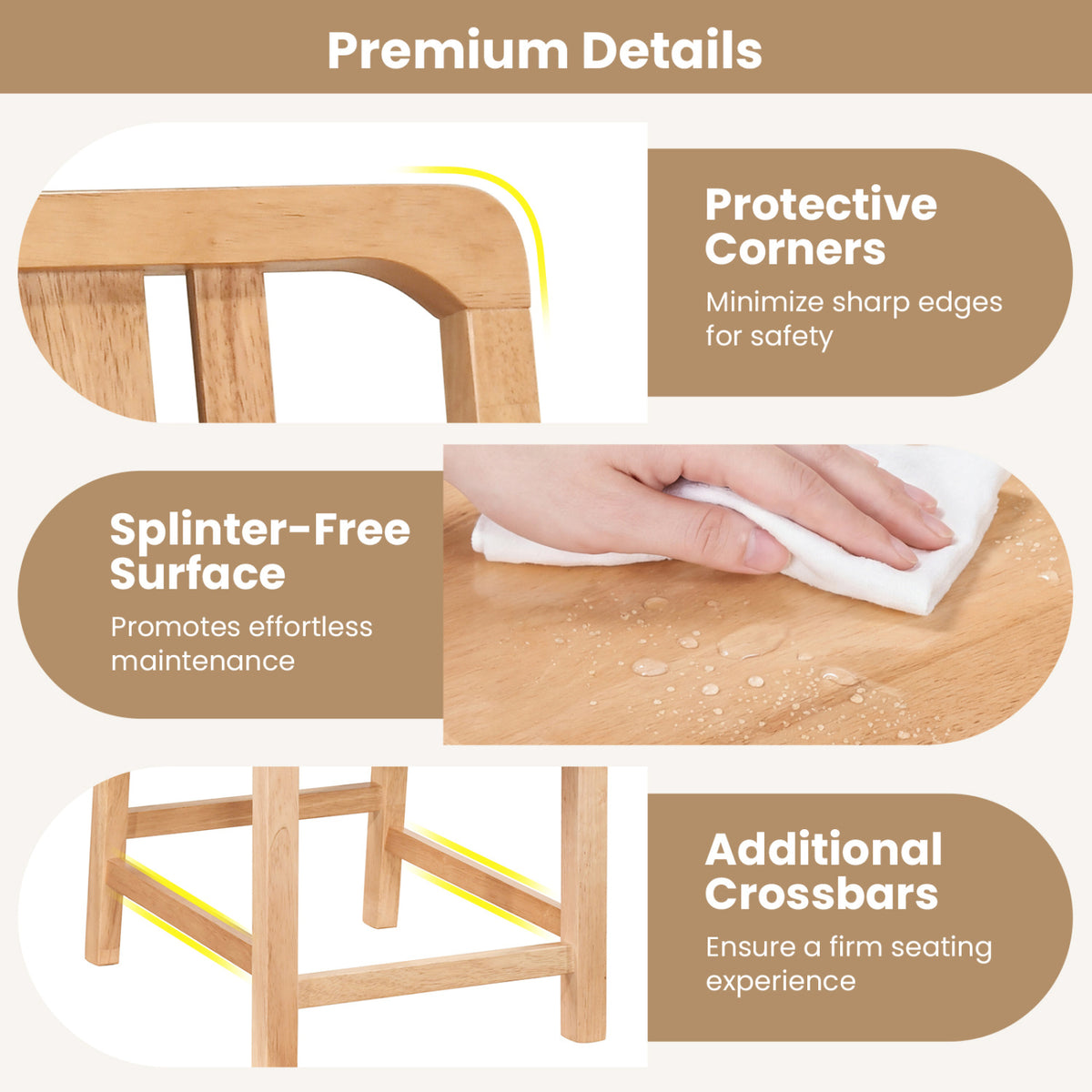 Rubber Wood Dining Chairs Set of 2 with Hollowed Backrest-Natural