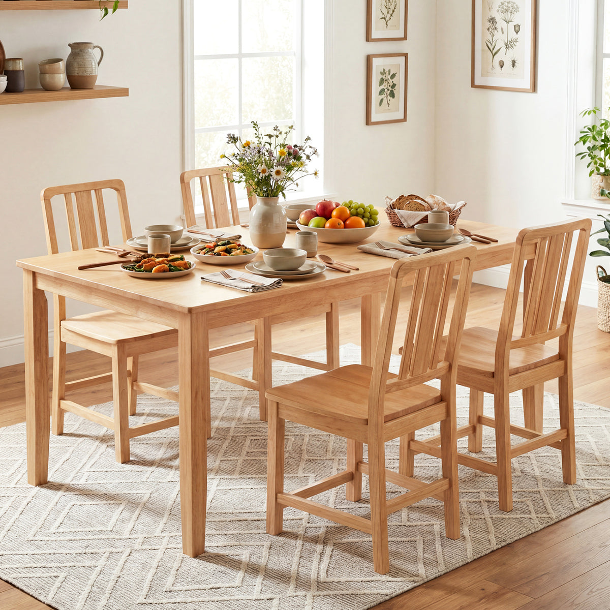 Rubber Wood Dining Chairs Set of 4 with Hollowed Backrest-Natural