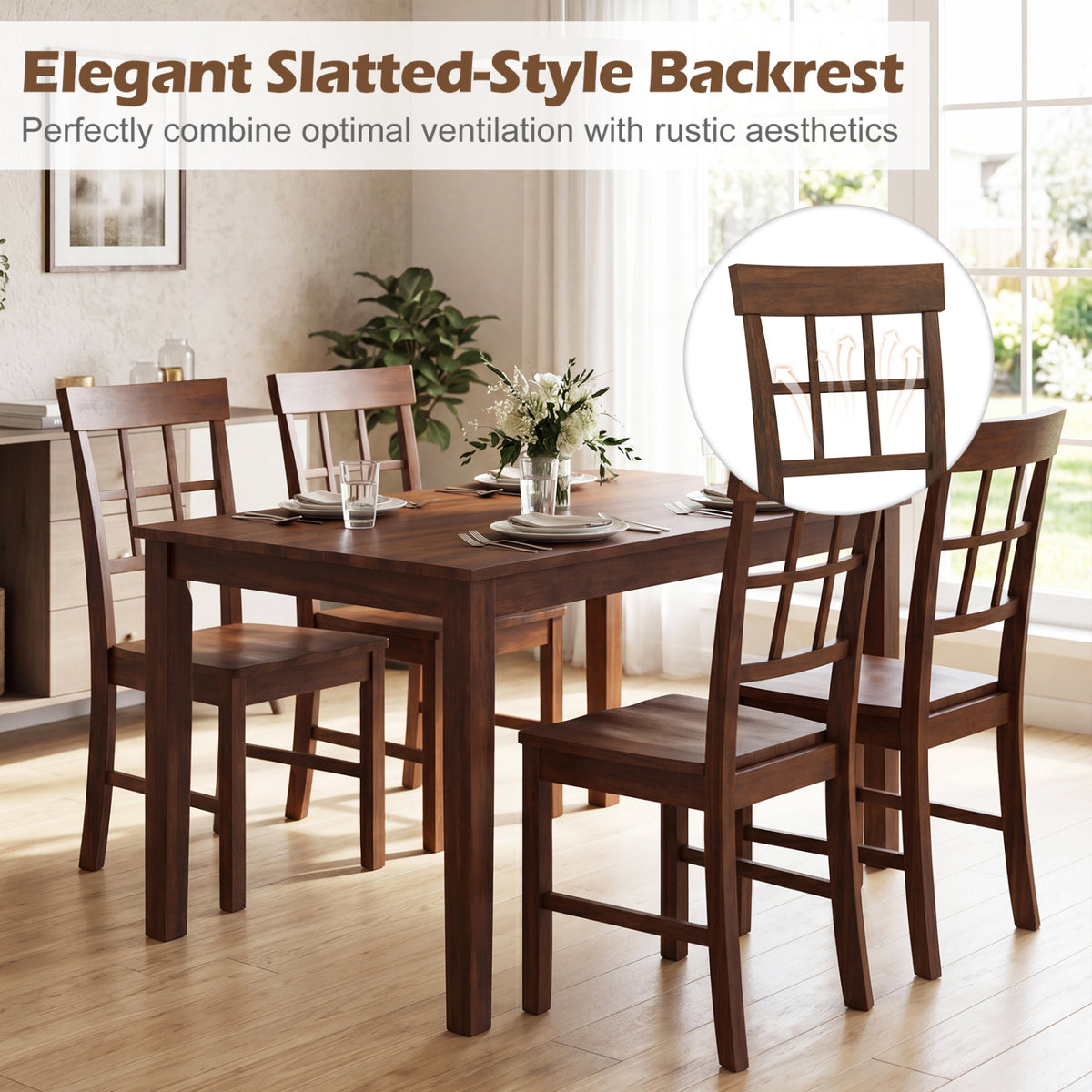 Rubber Wood Dining Chairs Set of 2 with High Backrests-Brown