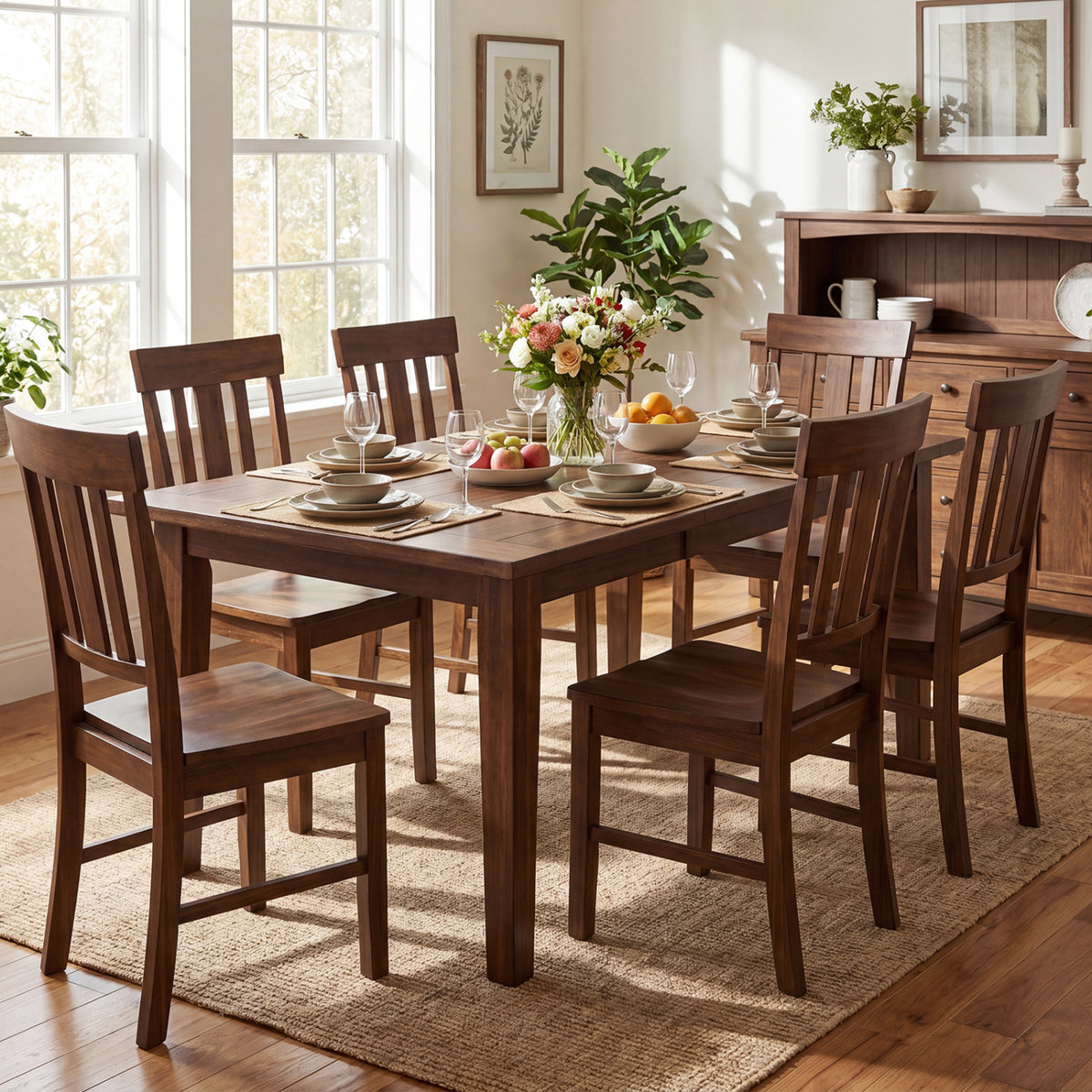 Rubber Wood Dining Chairs Set of 2 with High Slat Backrests-Brown