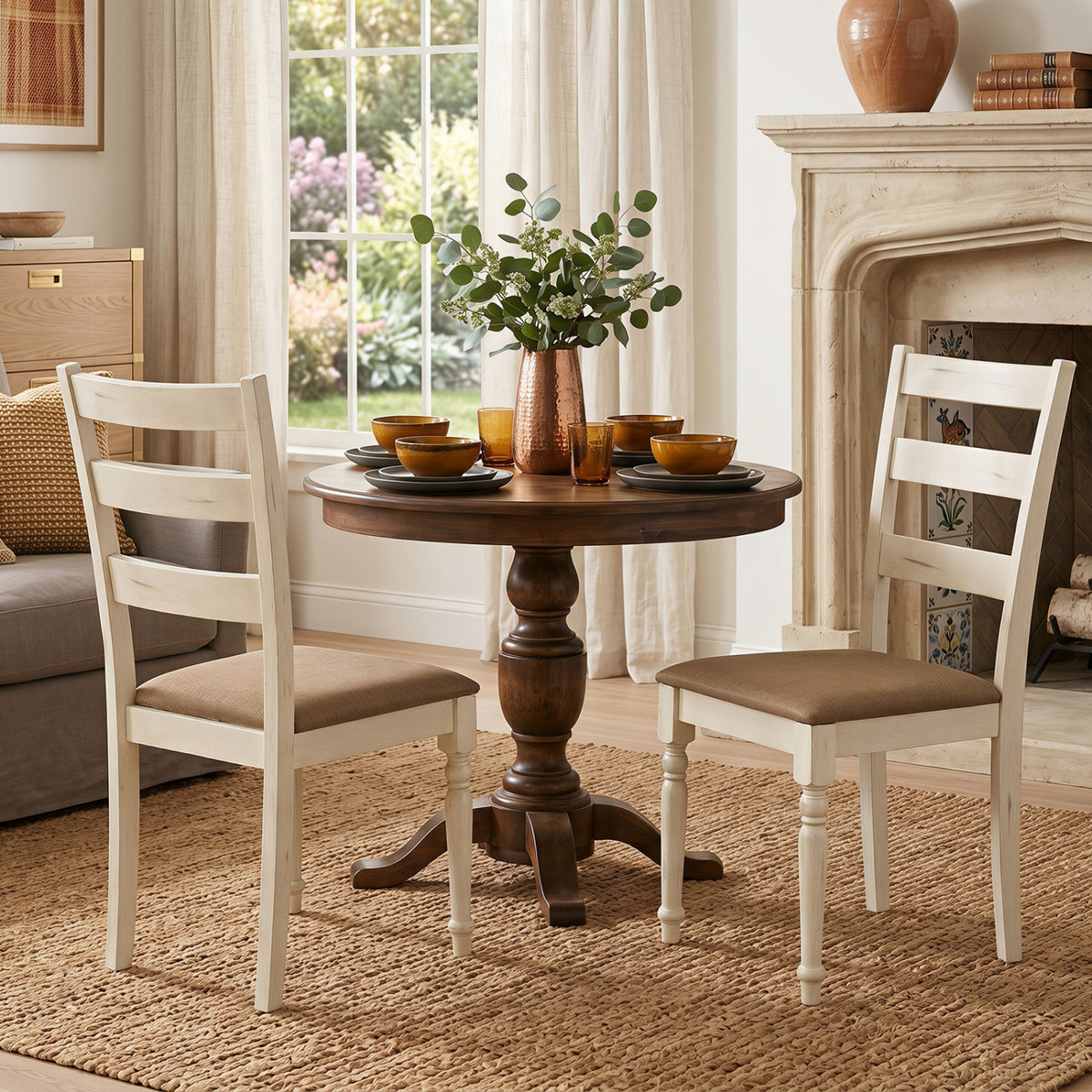 Rubber Wood Dining Chairs Set of 2 with Padded Linen Seat & Slatted Backrest-White