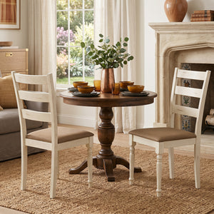 Rubber Wood Dining Chairs Set of 2 with Padded Linen Seat & Slatted Backrest-White