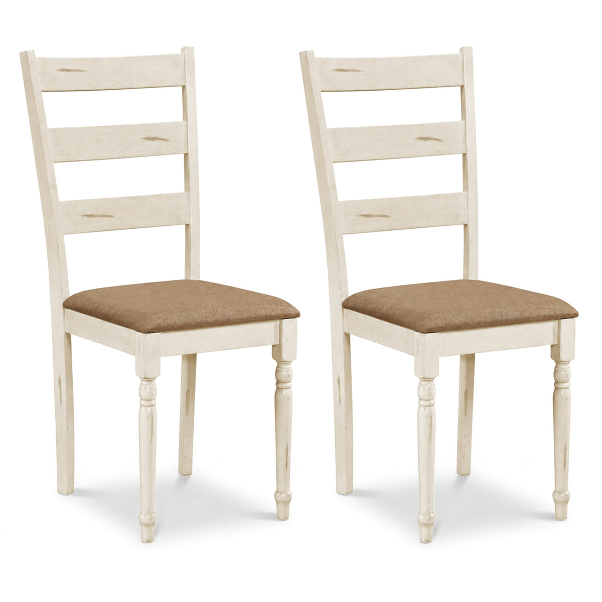 Rubber Wood Dining Chairs Set of 2 with Padded Linen Seat & Slatted Backrest-White