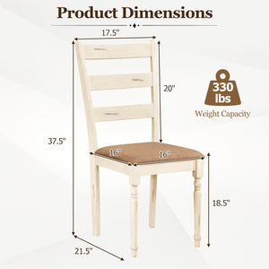 Rubber Wood Dining Chairs Set of 2 with Padded Linen Seat & Slatted Backrest-White
