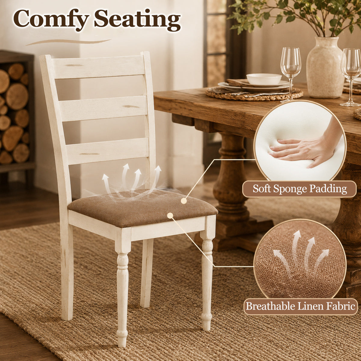Rubber Wood Dining Chairs Set of 2 with Padded Linen Seat & Slatted Backrest-White