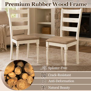 Rubber Wood Dining Chairs Set of 2 with Padded Linen Seat & Slatted Backrest-White