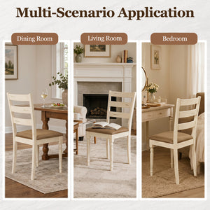 Rubber Wood Dining Chairs Set of 2 with Padded Linen Seat & Slatted Backrest-White