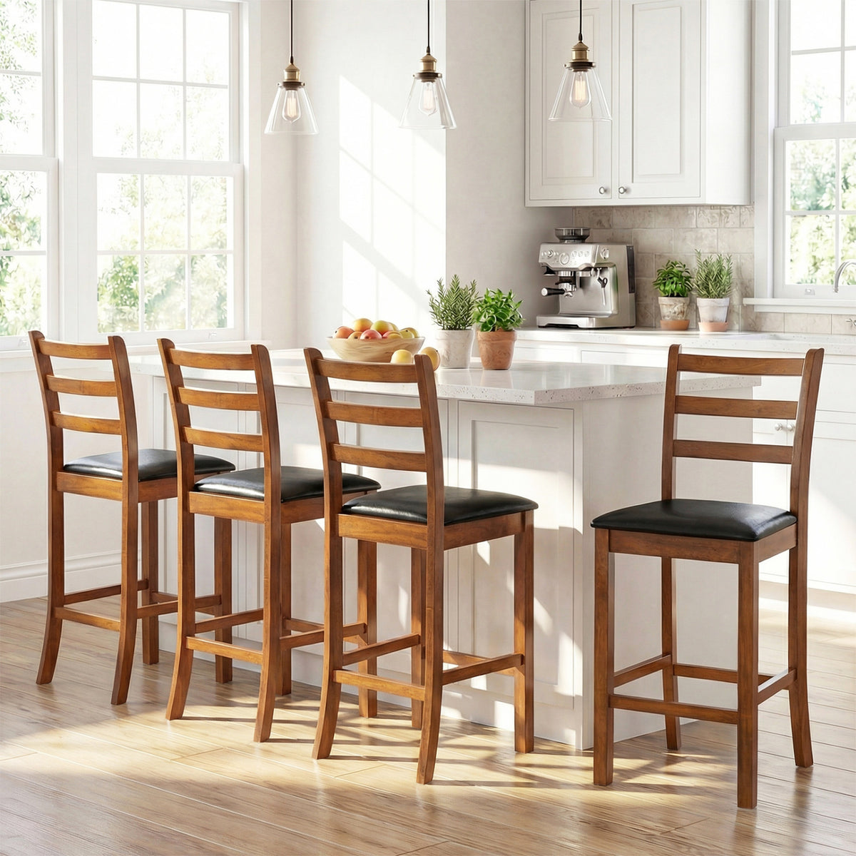 Rubber Wood Ladder Back Bar Stools Set of 2 24inch Counter Height Kitchen Island High Chairs-Walnut