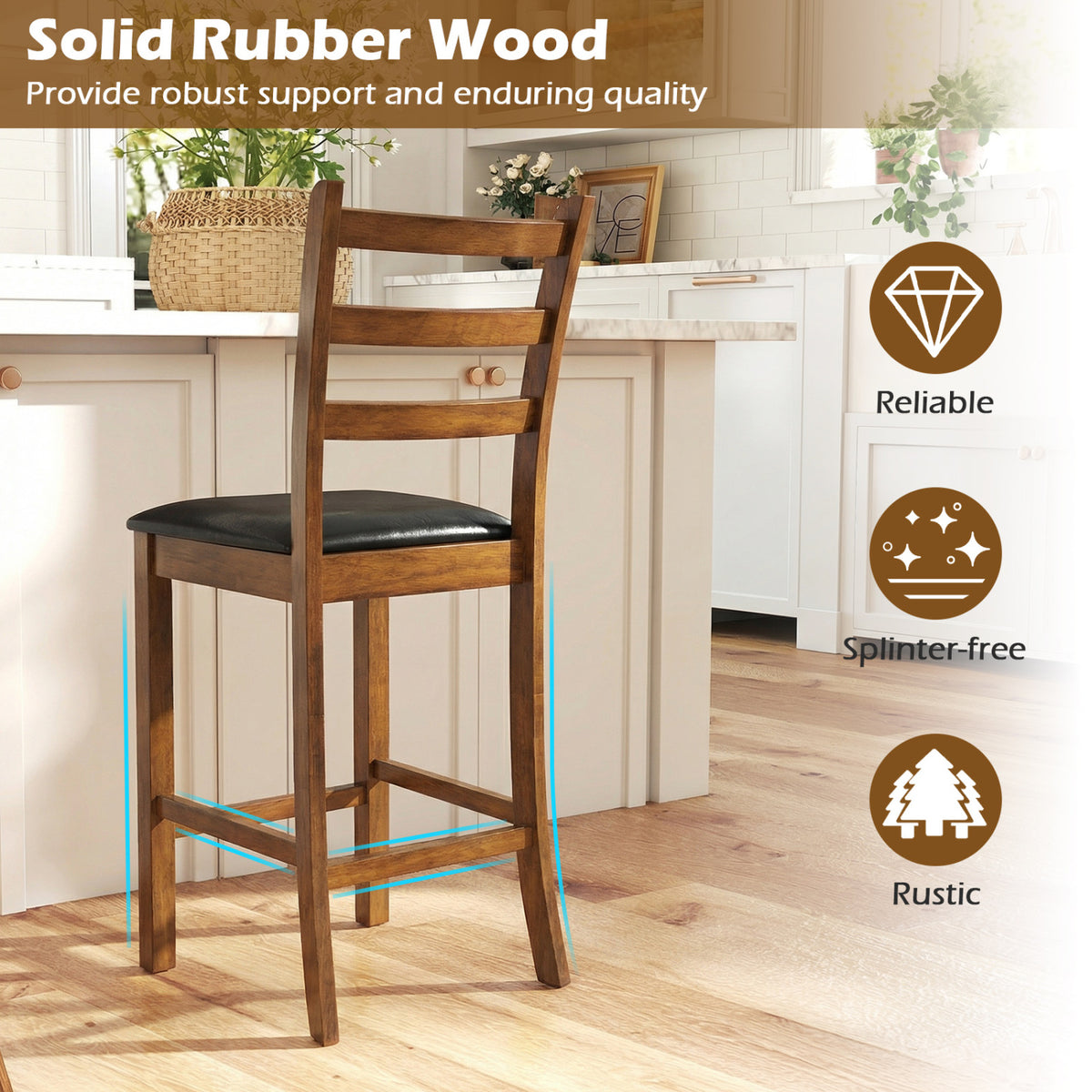 Rubber Wood Ladder Back Bar Stools Set of 2 24inch Counter Height Kitchen Island High Chairs-Walnut