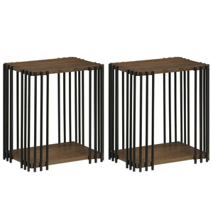 Rubber Wood Side Table Set of 2 with 2-Layer Storage Shelves and Metal Frame-Walnut