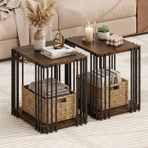 Rubber Wood Side Table Set of 2 with 2-Layer Storage Shelves and Metal Frame-Walnut