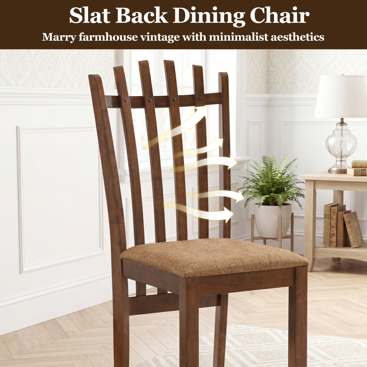 Rubber Wood Slat Back Kitchen Dining Chairs Set of 2-Brown