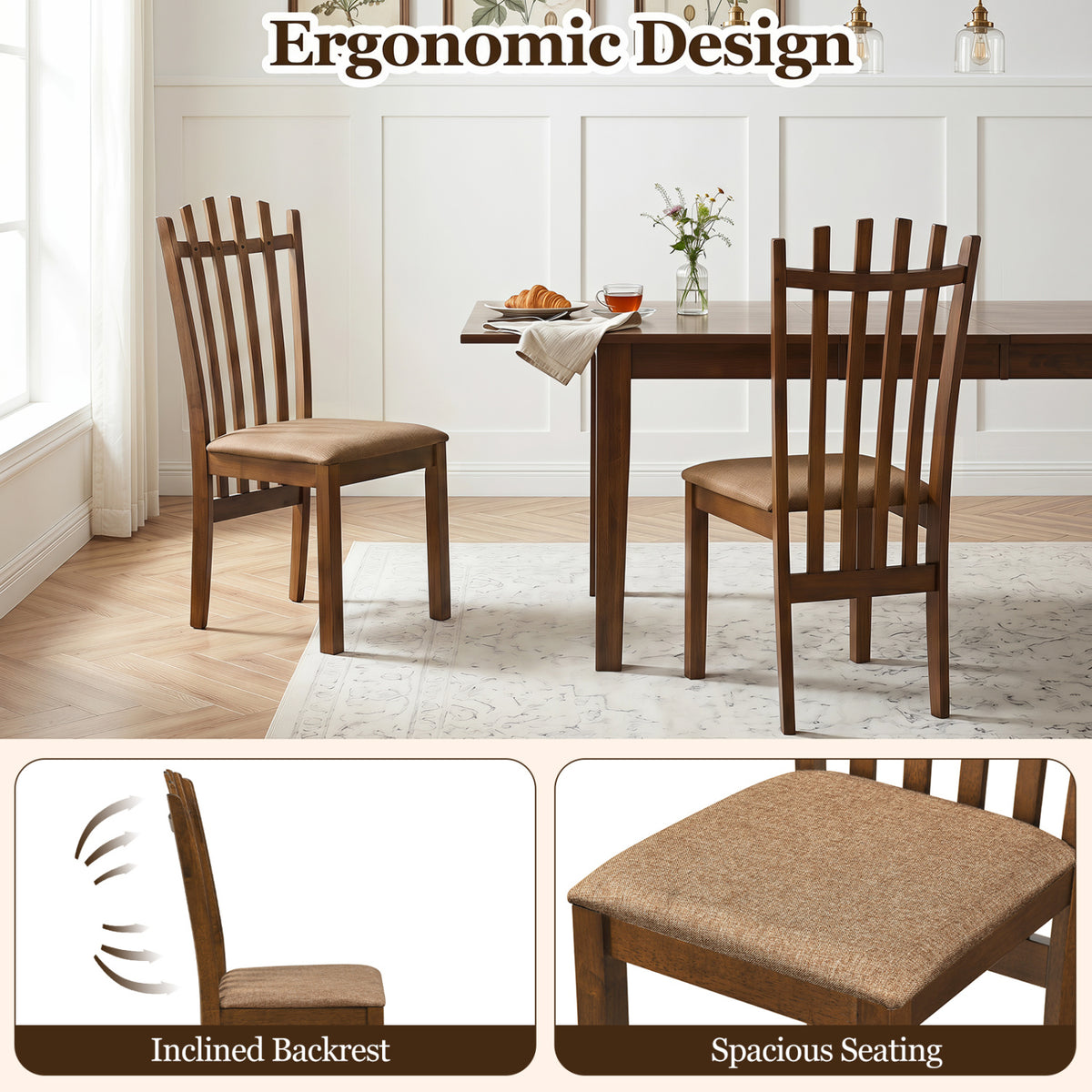 Rubber Wood Slat Back Kitchen Dining Chairs Set of 2-Brown