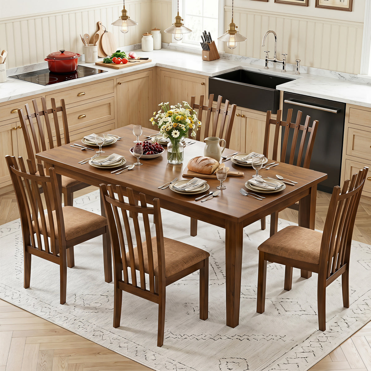Rubber Wood Slat Back Kitchen Dining Chairs Set of 4-Brown
