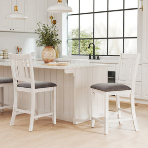 Rubber Wooden Bar Stools Set of 2 with Ergonomic Back and Comfortable Linen Cushion-White