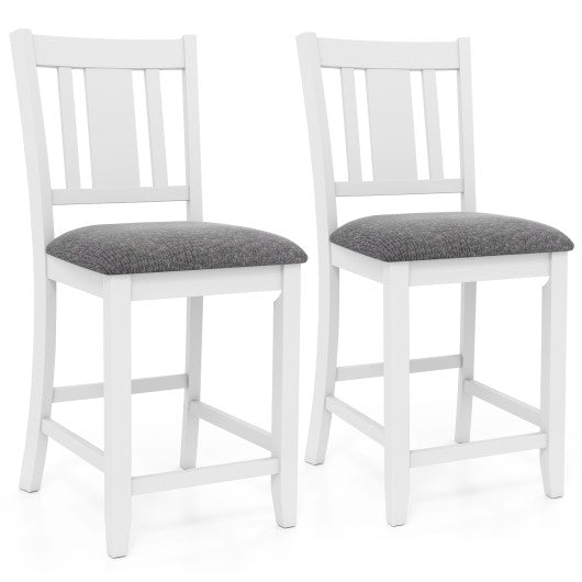 Rubber Wooden Bar Stools Set of 2 with Ergonomic Back and Comfortable Linen Cushion-White