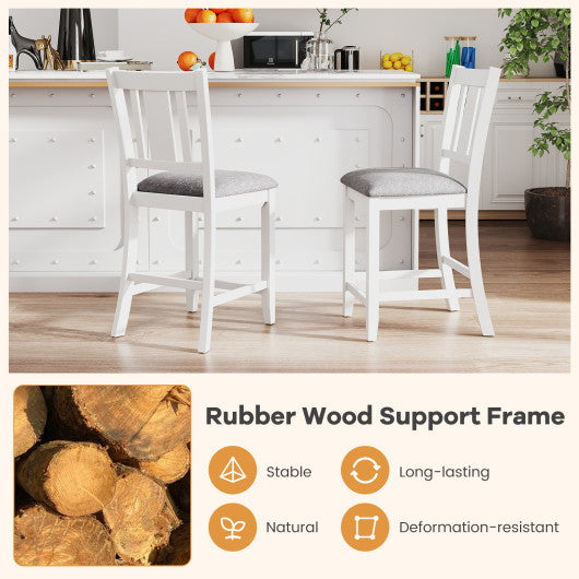Rubber Wooden Bar Stools Set of 2 with Ergonomic Back and Comfortable Linen Cushion-White