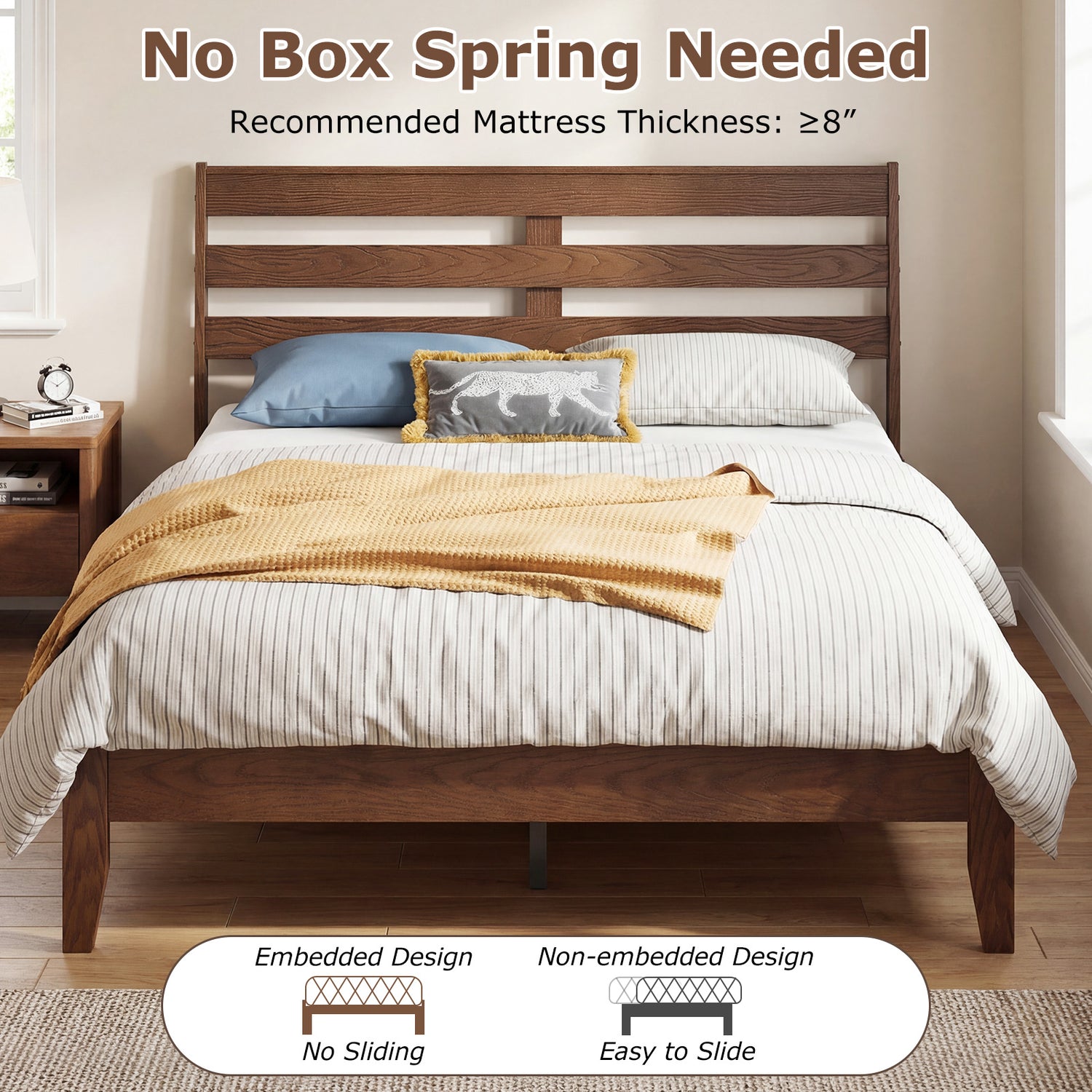 Full Size Wood Platform Bed Frame with Slat Headboard