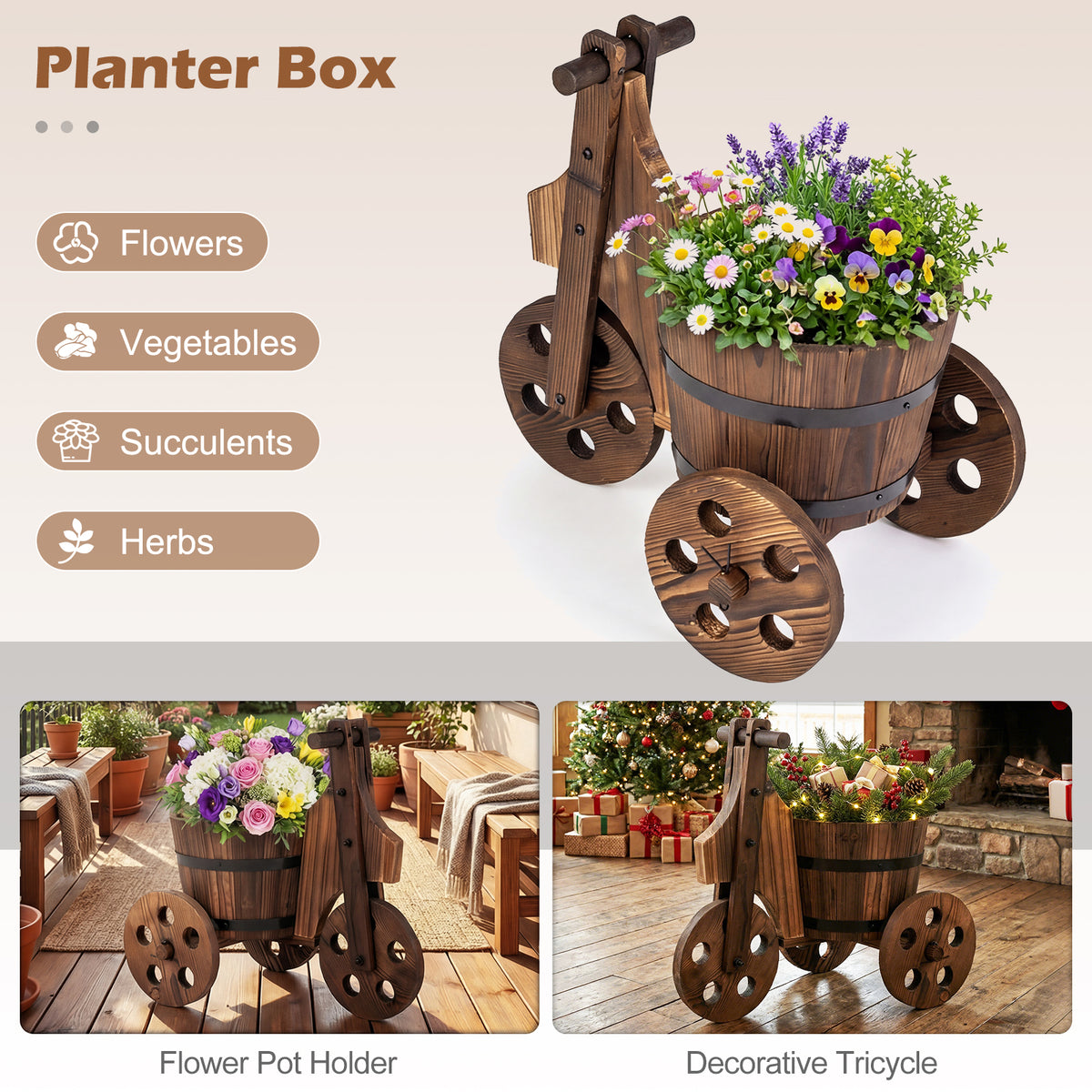 Rustic Wood Tricycle Planter Barrel Flower Pot Cart with Drainage Hole-Coffee