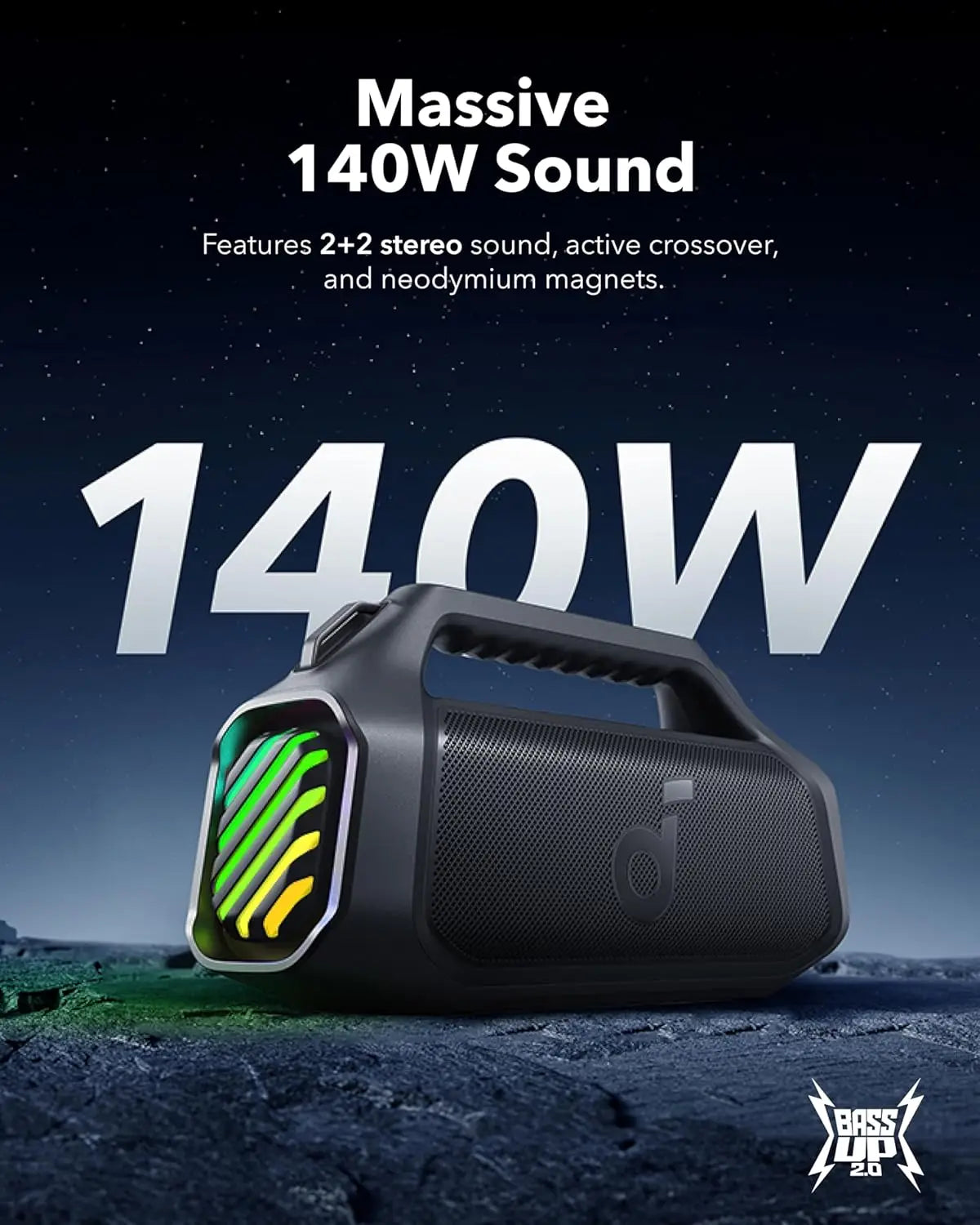 Boom 2 Plus Portable Speaker By Anker, 140W, 2+2 Channel, BassUp 2.0, 20H Playtime, Fast Charge, IPX7 Waterproof, RGB Lights, Po