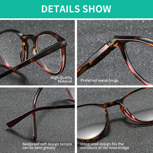 BARCUR Simple Men’s Presbyopia Glasses Comfortable Lightweight Leopard Pattern PC Anti-Slip Round Frame Transparent Acrylic Lenses for Women’s Reading Glasses