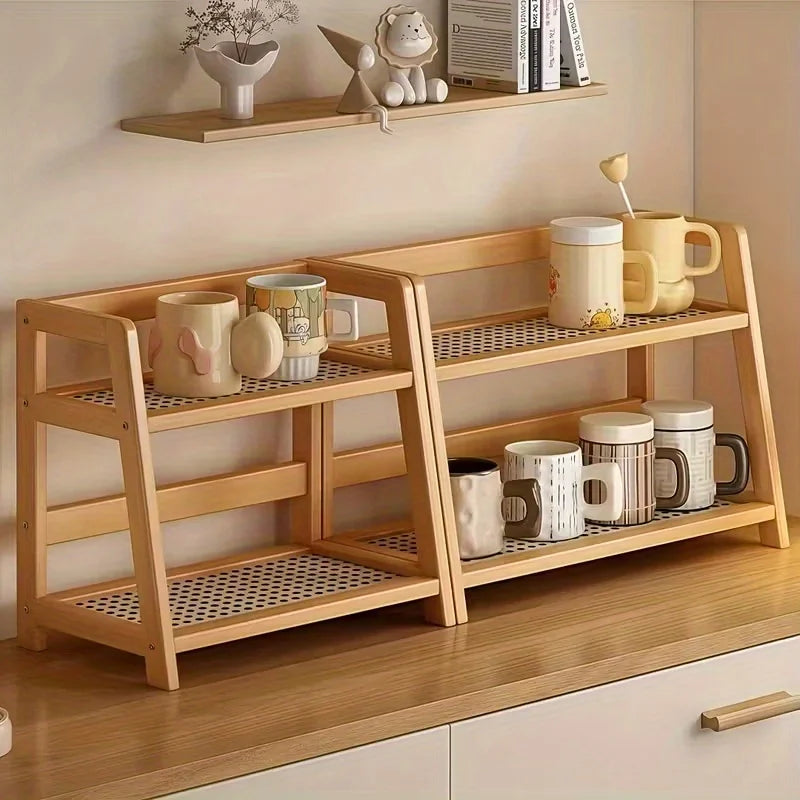 1-Piece (Small) 2-Tier Bamboo Organizer Rack – Multifunctional Storage Shelf for Kitchen, Office, or Bedroom | Arched Design, Bohemian-Style Wood Finish | Ideal for Displaying Coffee Mugs, Plants, Cosmetics, and Wine – Pr