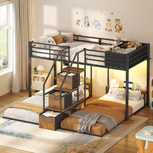 Triple Bunk Bed with Storage Staircase, RGB Lights & Charging Station, Twin Over Twin, Heavy Duty Metal 3 Bunk Beds, Customized