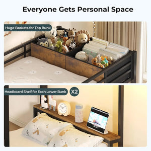 Triple Bunk Bed with Storage Staircase, RGB Lights & Charging Station, Twin Over Twin, Heavy Duty Metal 3 Bunk Beds, Customized