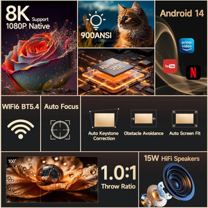 Magcubic HY350Max 900ANSI Android 14 Projector Auto Focus Projector Support 8K Native 1080P Wifi6 BT5.4 16G Allwinner H726 Portable Projector