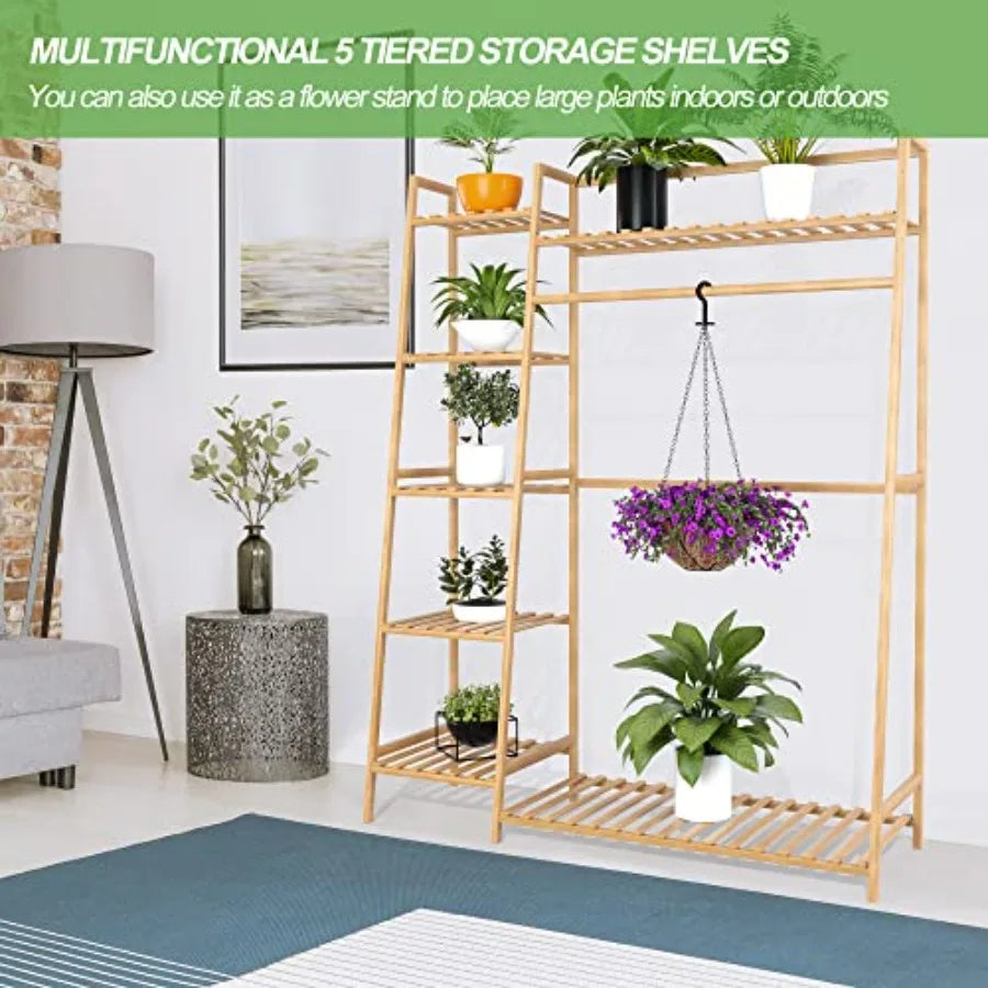 Bamboo Clothing Garment Rack, Free Standing Clothes Coat Hanger, Closet Organizer w/Shoe Rack, Multi-tiered Wardrobe Storage Sh