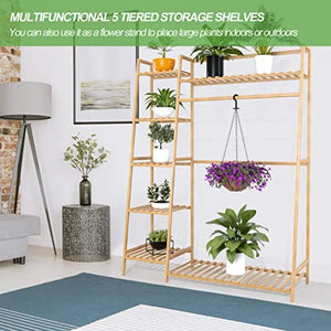 Bamboo Clothing Garment Rack, Free Standing Clothes Coat Hanger, Closet Organizer w/Shoe Rack, Multi-tiered Wardrobe Storage Sh