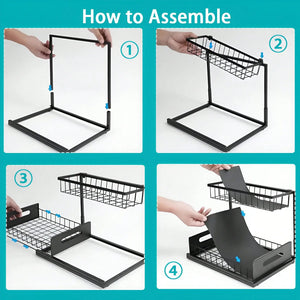 Under Sink Organizer Rack 2 Tier Under Sliding Cabinet Basket Organizer Drawer , Multi-Purpose Under Sink Storage For Bathroom Kitchen Desktop (Black)