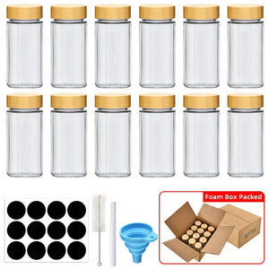 12 Glass Spice Jars with Bamboo Lids, Labels, and Funnel Set