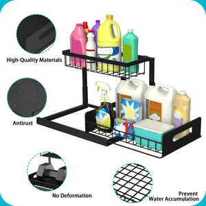 Under Sink Organizer Rack 2 Tier Under Sliding Cabinet Basket Organizer Drawer , Multi-Purpose Under Sink Storage For Bathroom Kitchen Desktop (Black)