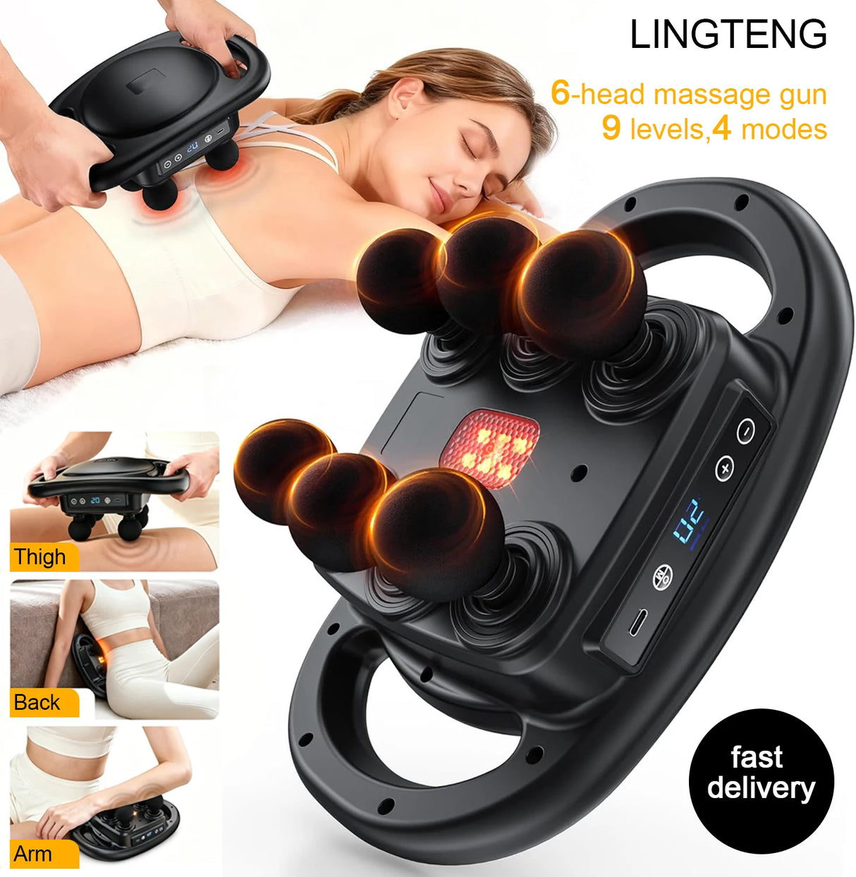 LINGTENG Deep Tissue Massage Gun, equipped with 6 head muscle massagers, a back massager, a percussive massage tool, and a handheld massager, featuring 9 intensity levels and 4 modes, suitable as a Christmas gift, adult birth