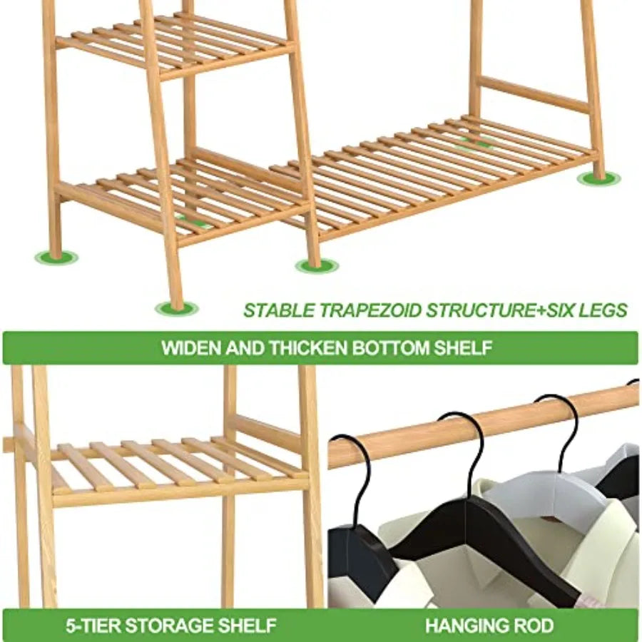 Bamboo Clothing Garment Rack, Free Standing Clothes Coat Hanger, Closet Organizer w/Shoe Rack, Multi-tiered Wardrobe Storage Sh